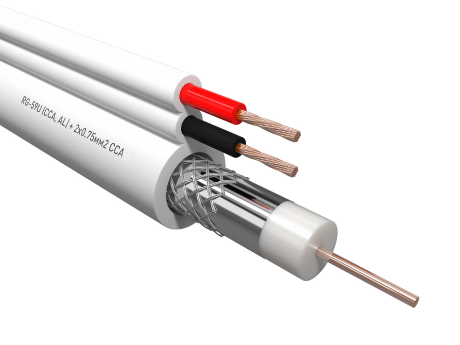 Кабель коаксиальный RG-59U, 75 Ом (CCA, Оплетка AL) + 2x0.75 мм2 CCA, белый, 100 м профессиональный коаксиальный видео кабель procast cable