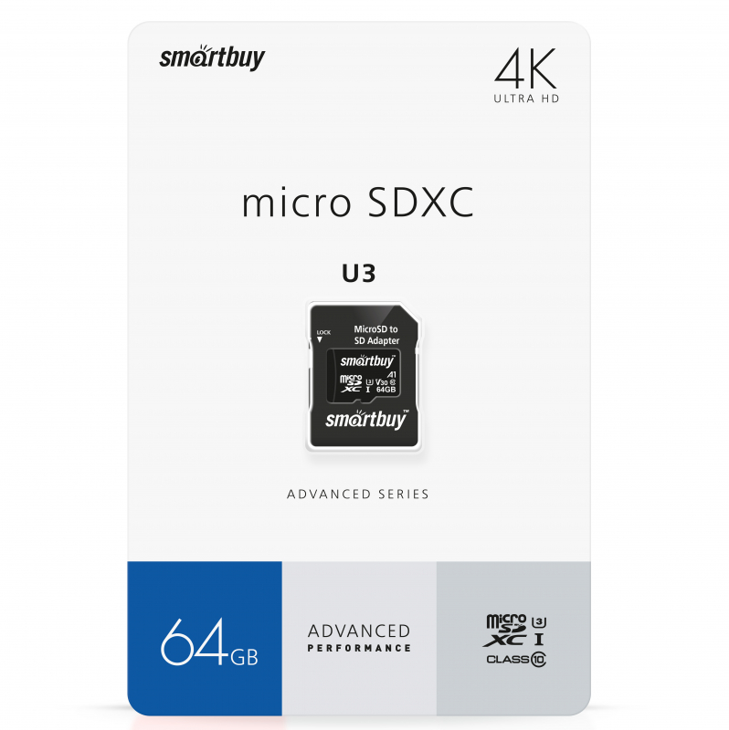 Карта памяти SmartBuy 64GB microSDXC Class 10 U3 Advanced Series SmartBuy - фото 1