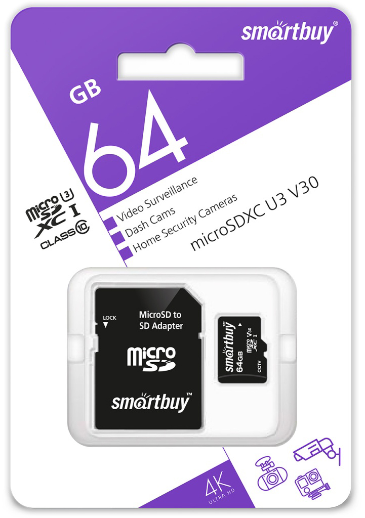 Карта памяти SmartBuy microSDXC 64Gb Class10 U3 V30 (SB64GBSDCCTV) SmartBuy