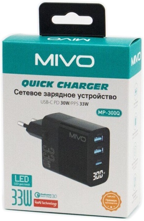Купить Mivo MP-300Q Quick Charger 33W GaN (2 USB+1 Type-C)