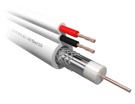 Купить Кабель коаксиальный RG-59U, 75 Ом (CCA, Оплетка AL) + 2x0.75 мм2 CCA, белый, 100 м