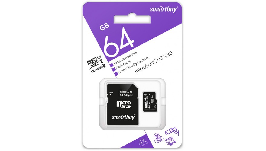 Купить SmartBuy microSDXC 64Gb Class10 U3 V30 (SB64GBSDCCTV)